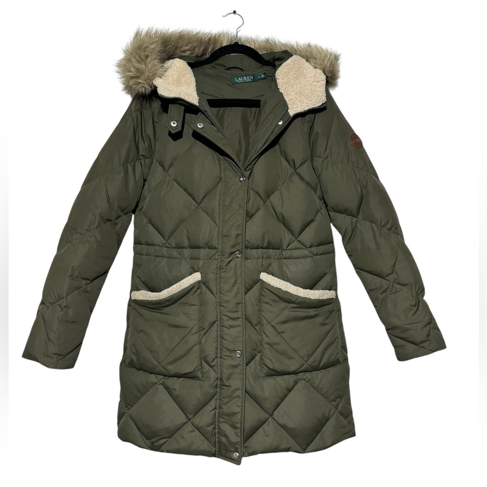 Ralph Lauren Down Quilted Puffer Parka Coat‎ Women Size S Faux Fur Hood Green